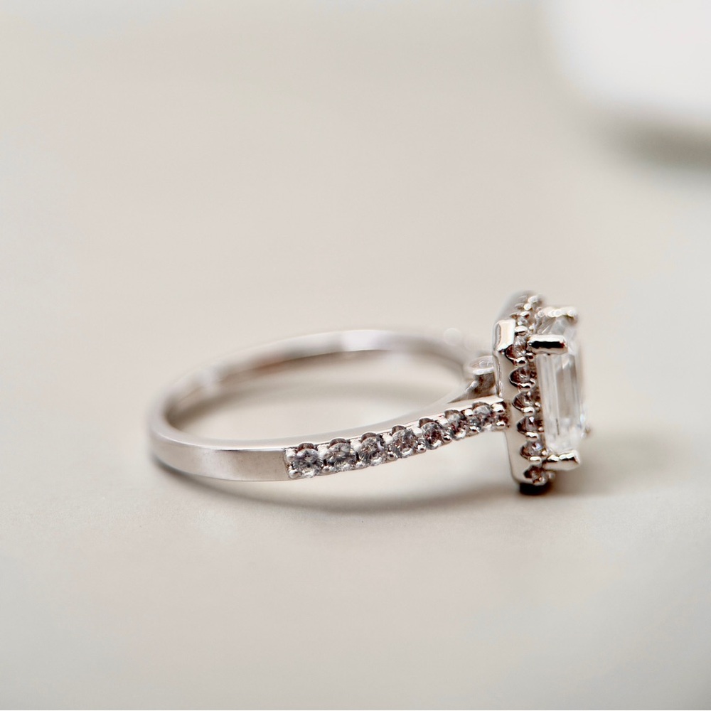 1.35ctw S925 Moissanite Emerald Cut Halo Engagement Ring 18K Gold Plate - Picture 3 of 9